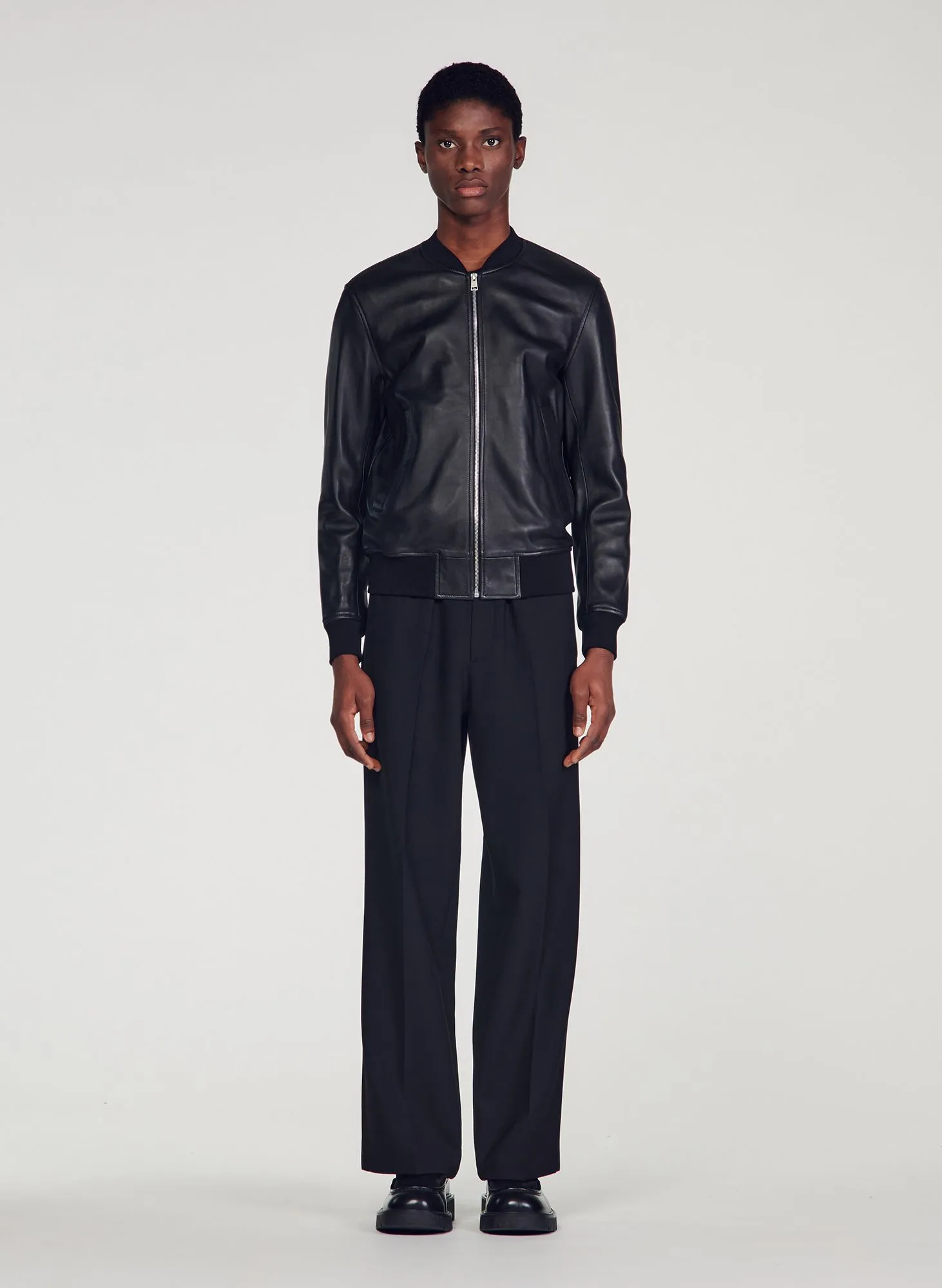BLOUSON COL TEDDY EN CUIR - SANDRO pour HOMME | Printemps