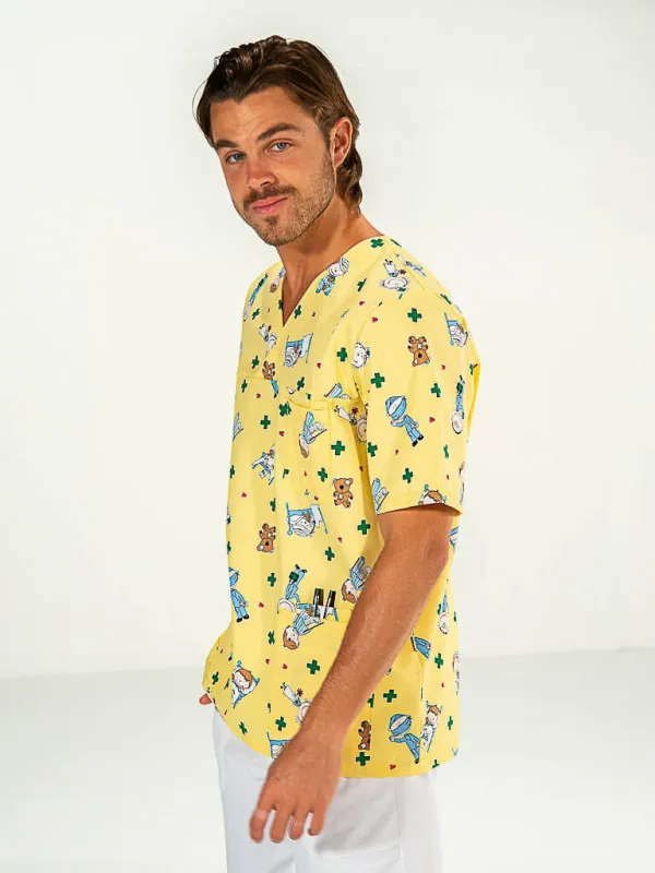Casaque pédiatrie Homme manches courtes Jaune motifs JULES