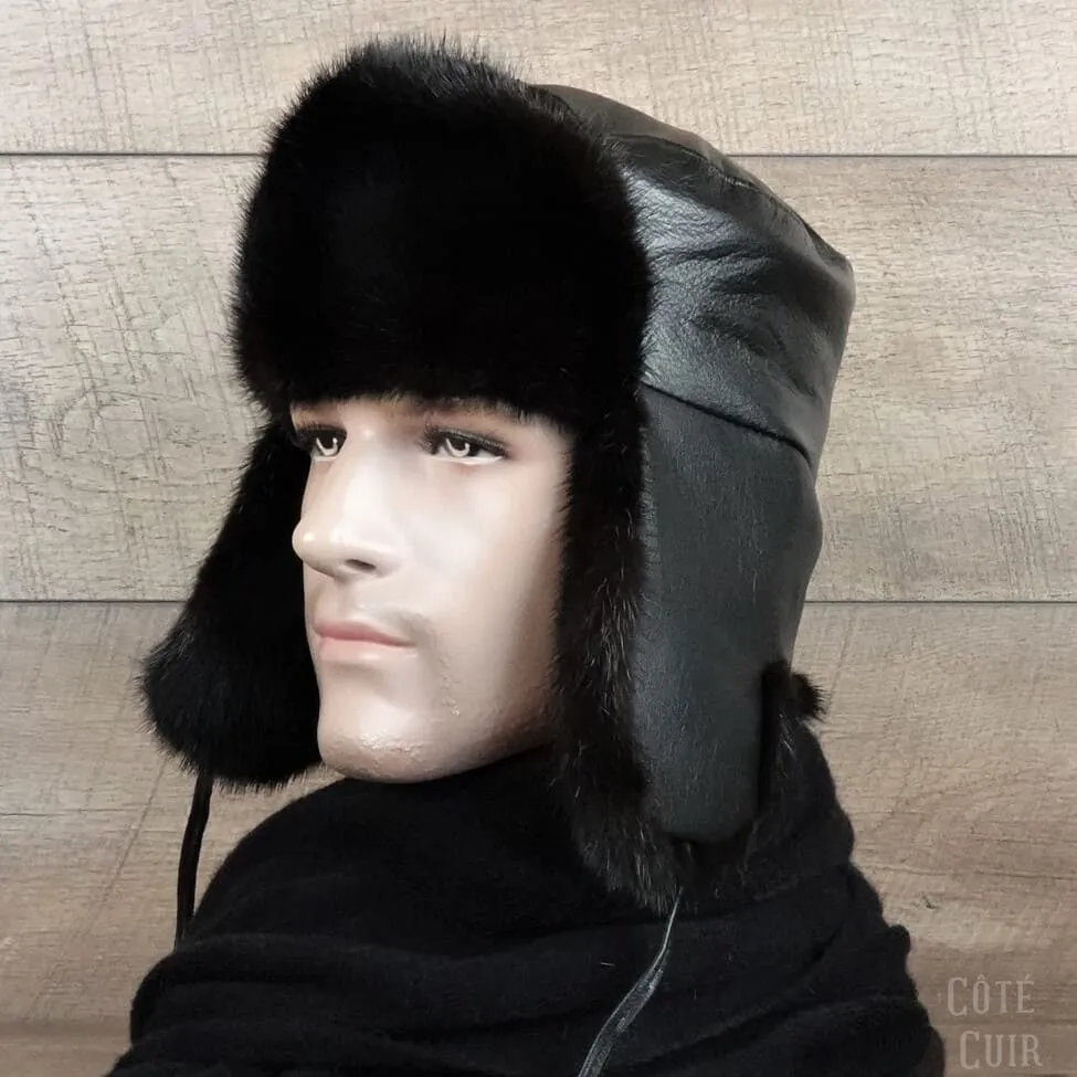 Chapeau Russe/Chapka, Fourrure vison noir, cuir noir