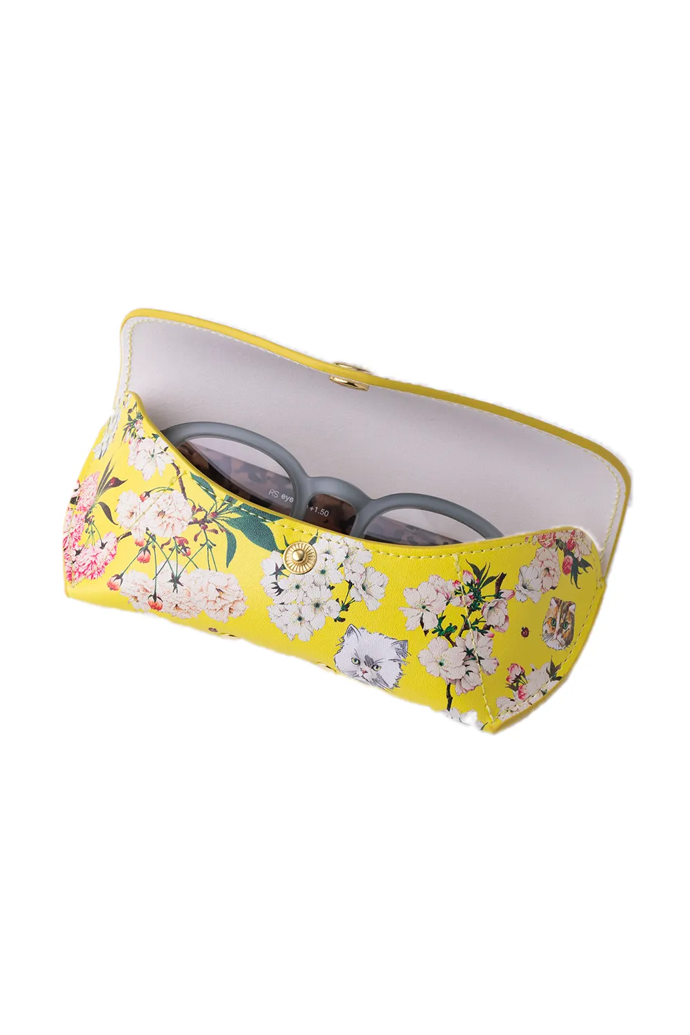 Etui à lunettes jaune avec motifs fleurs et chats