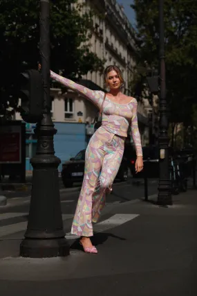 Haut en jersey à col rond à motif géométrique rétro - multicolore