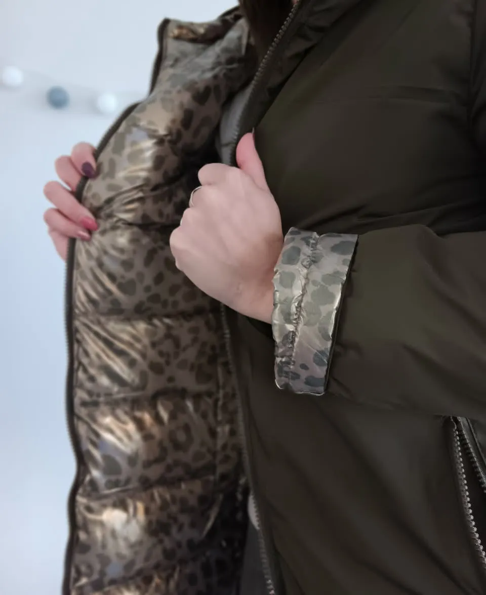Melya Melody - Manteau long réversible et imperméable matelassé kaki marron/léopard