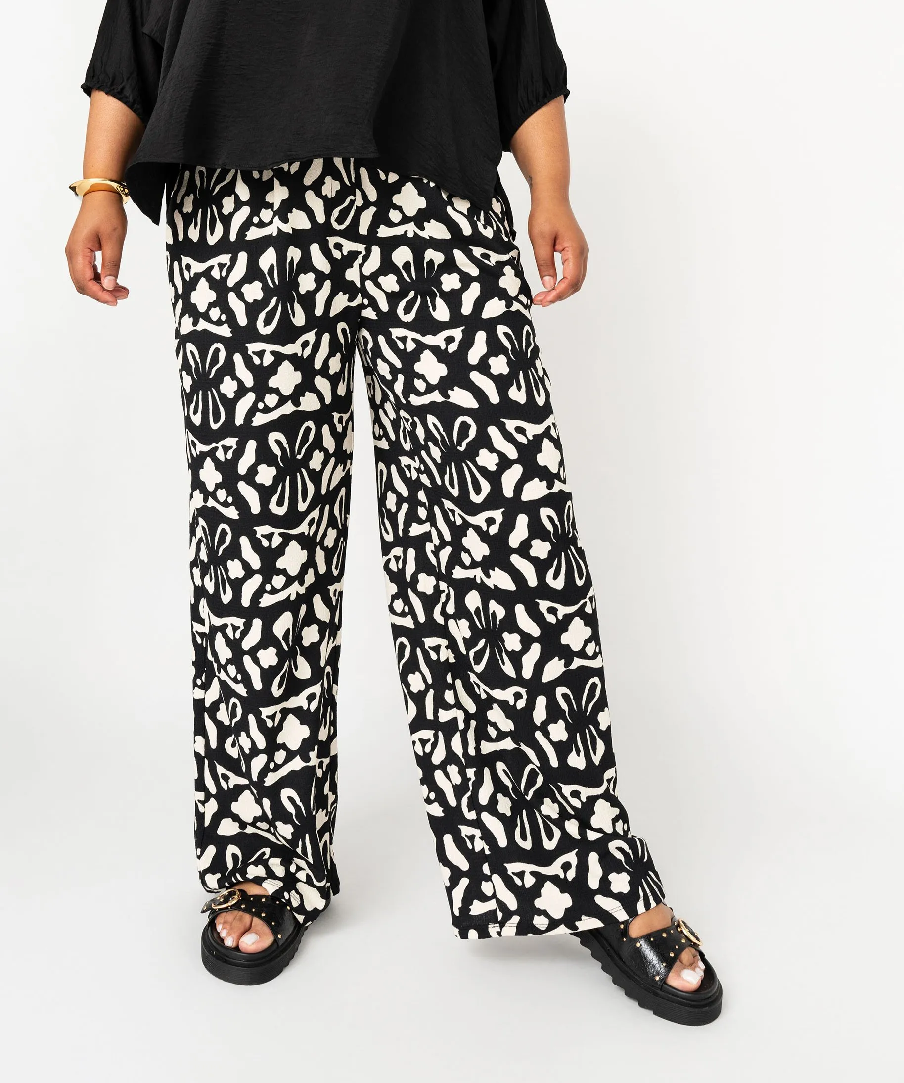 Pantalon large en maille froissée imprimée et extensible femme grande taille noir
