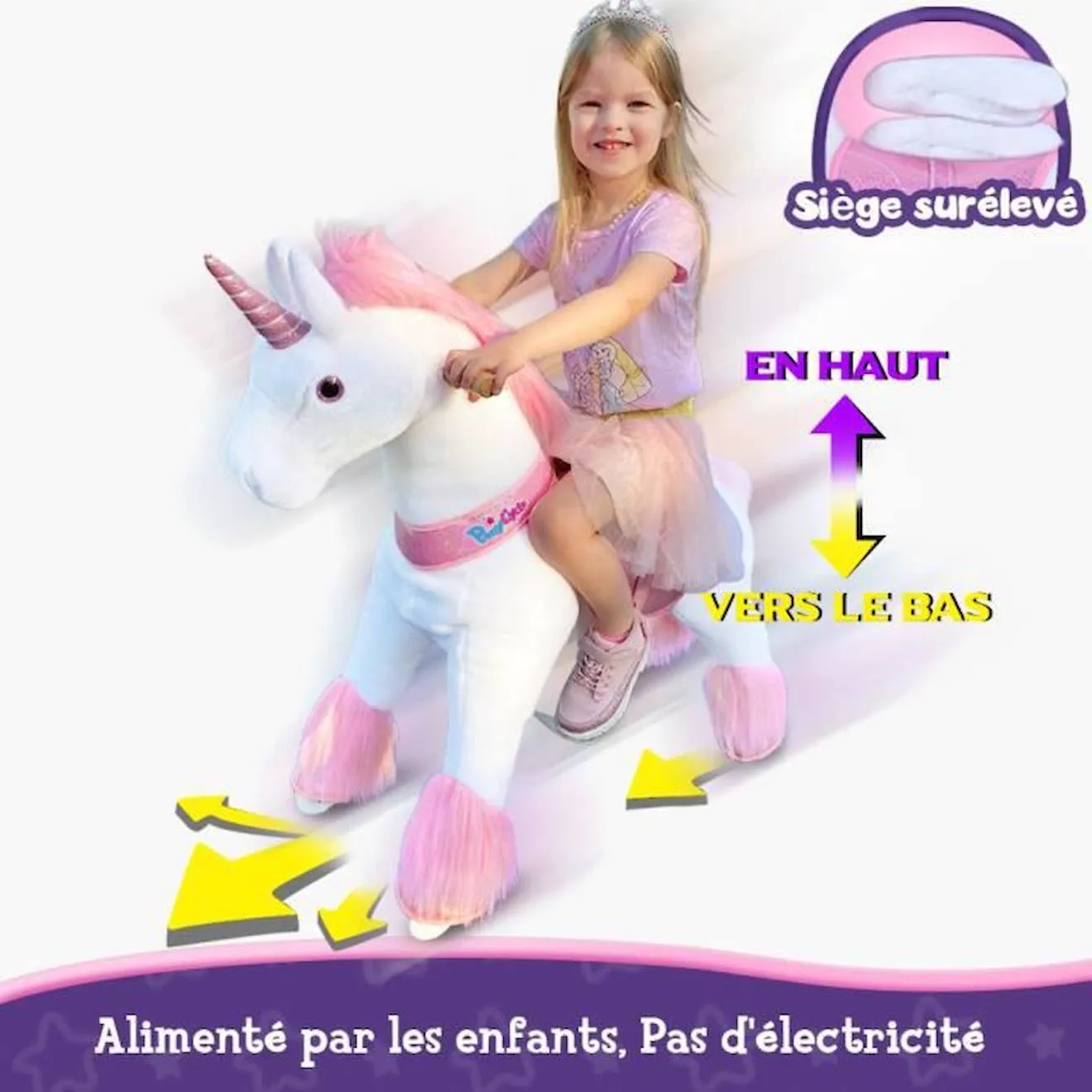 PonyCycle - Licorne Rose à monter Grand Modèle avec siège surélevé et frein pour enfants de 4 à 8 ans rose - Ponycycle