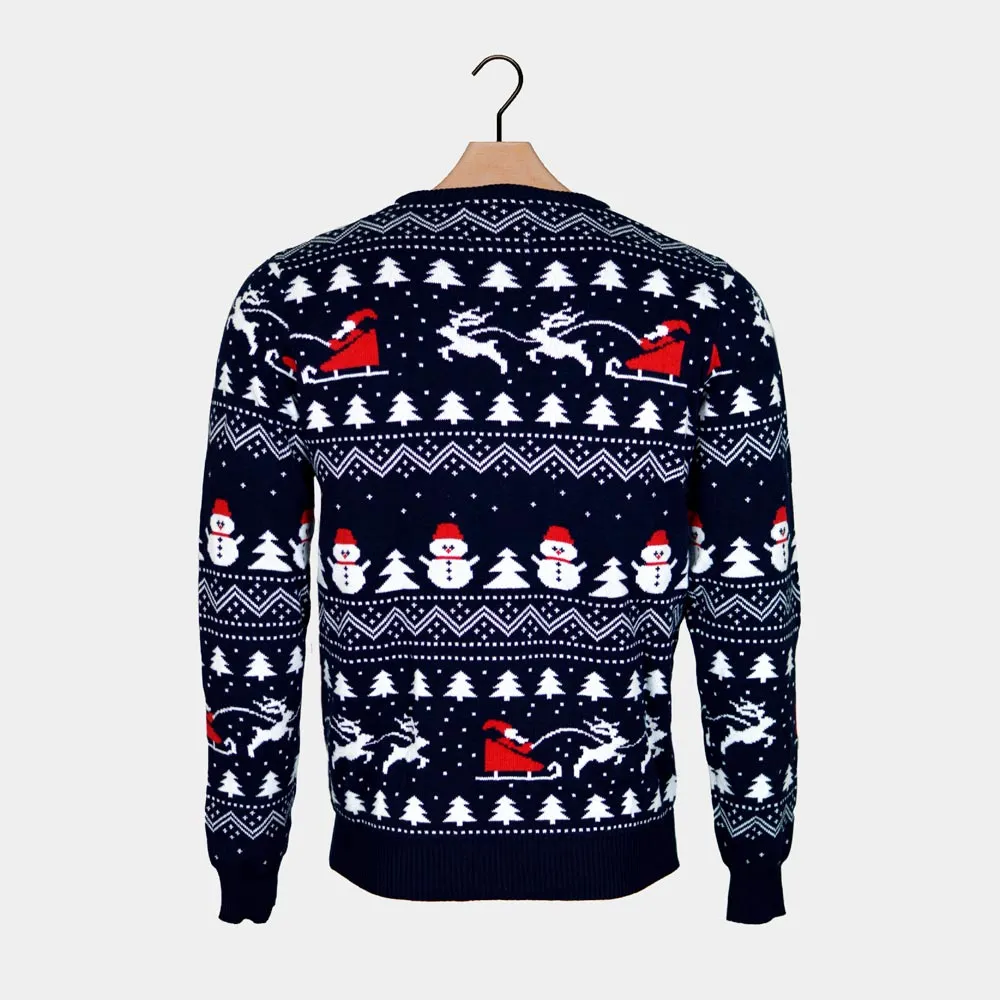 Pull de Nol pour Enfants Bleu avec Sapins, Bonhommes de Neige et Père Nol Coton Bio