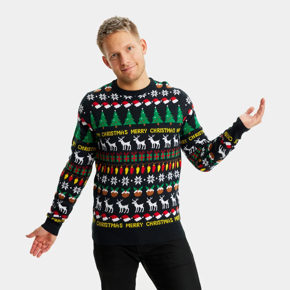 Pull de Nol pour Homme Noir avec Sapins, Rennes et Cadeaux