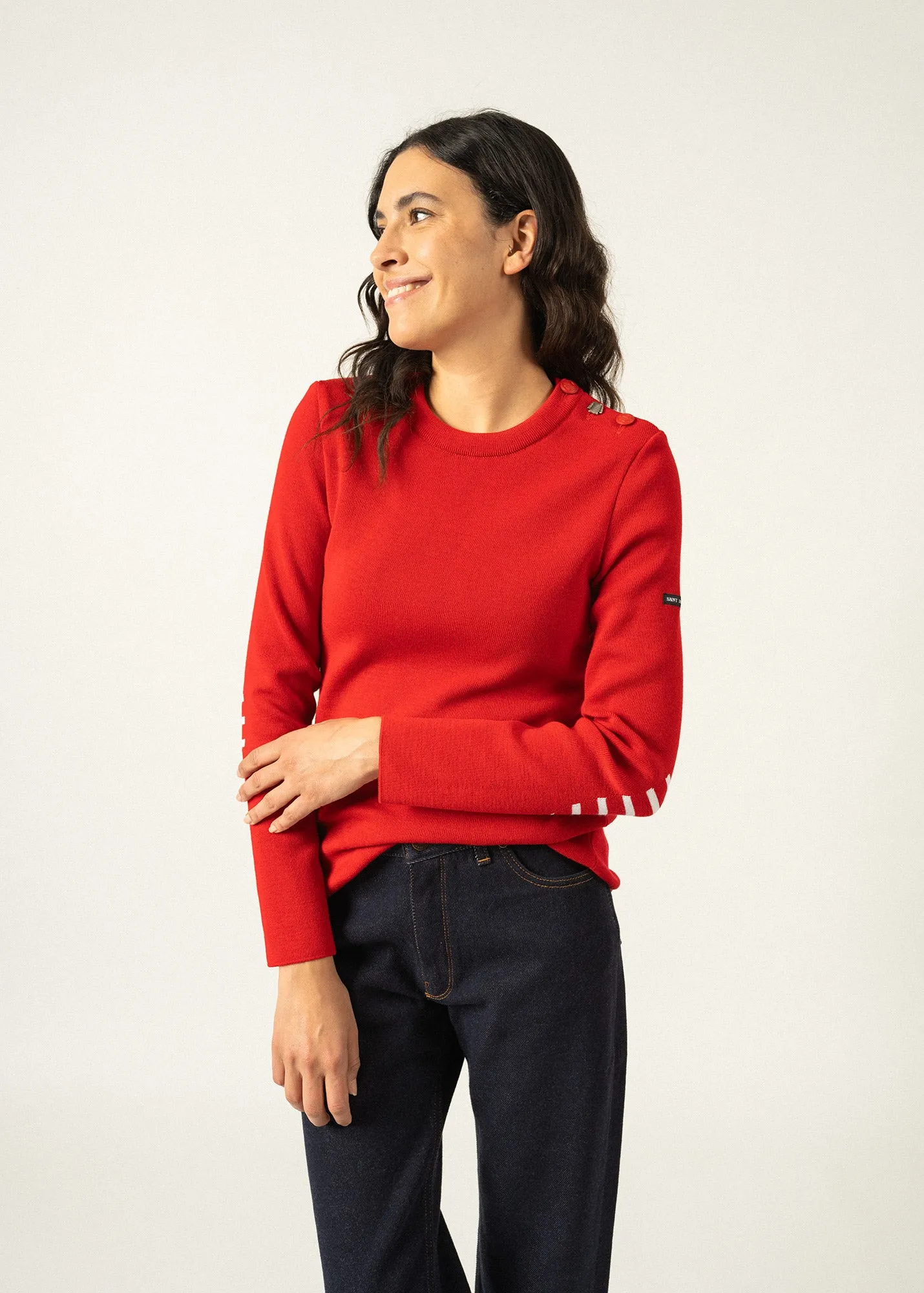 Pull marin uni Bréganon - coudières marinières, en maille de laine (TULIPE)