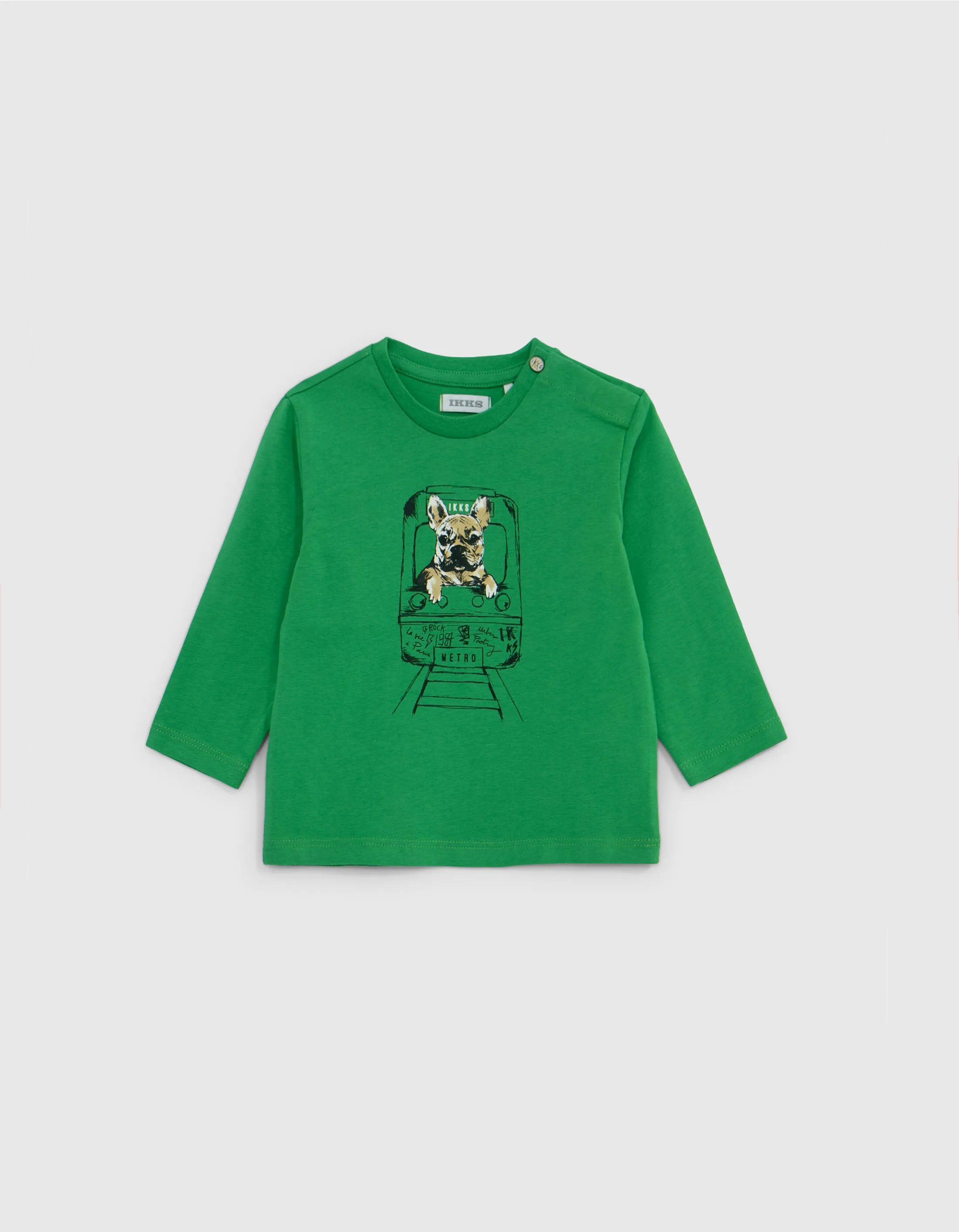 T-shirt vert coton bio visuel chien-métro bébé garçon