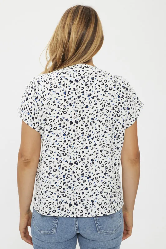 Top blanc imprimé fleuri bleu et noir