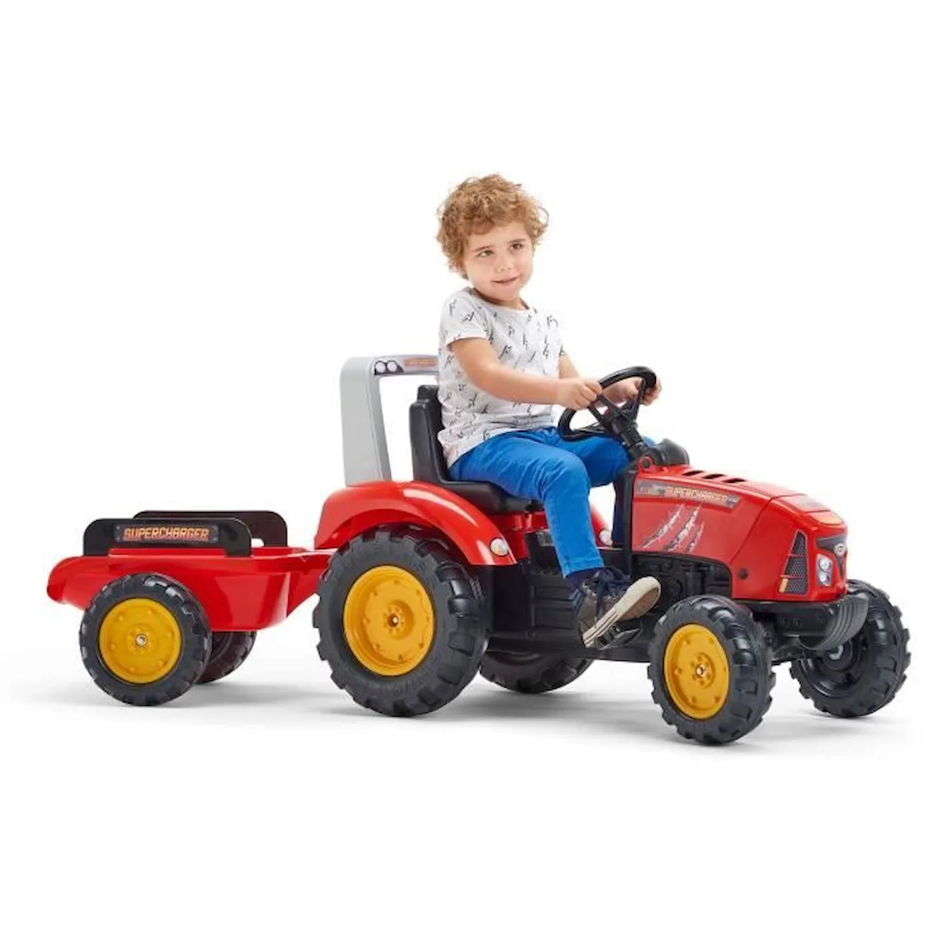 Tracteur à pédales - FALK - Supercharger - Dès 3 ans - 100% Fabriqué en France - 60% de plastique recycléremorque inclus rouge -